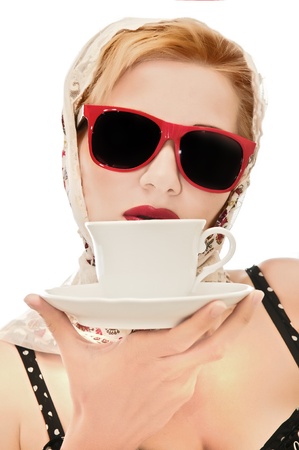 beautiful woman with a cupの写真素材