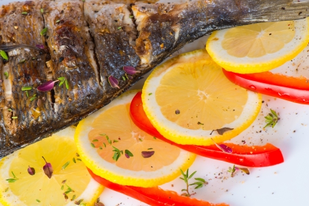 fish, sea bass grilled with lemonの写真素材