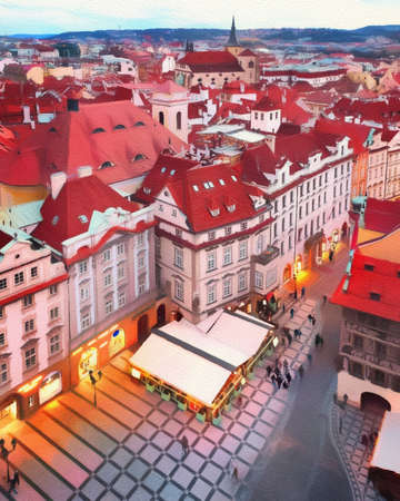 Digital painted famous place in Prague city, Czech Republic. Old European architecture. Popular touristic place for visit. Pastel on canvas drawing, paper texture on backgroundの写真素材