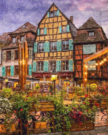 Colorful painting modern artistic artwork, drawing in oil European famous street view, beautiful old vintage house, textured brush strokes, design print for canvas or paper poster, touristic productの写真素材