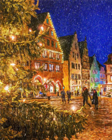 Colorful painting modern artistic artwork, drawing in oil European famous street view, beautiful old vintage house, textured brush strokes, design print for canvas or paper poster, touristic productの写真素材