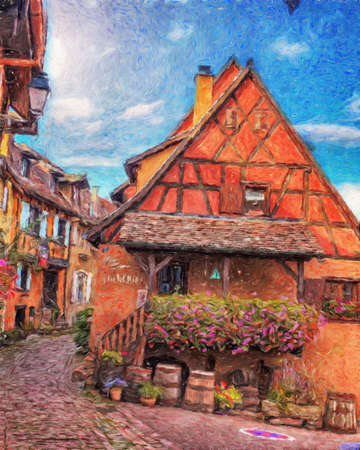 Colorful painting modern artistic artwork, drawing in oil European famous street view, beautiful old vintage house, textured brush strokes, design print for canvas or paper poster, touristic productの写真素材