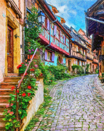 Colorful painting modern artistic artwork, drawing in oil European famous street view, beautiful old vintage house, textured brush strokes, design print for canvas or paper poster, touristic productの写真素材