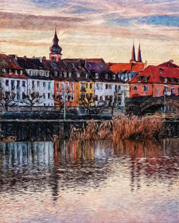 Impressionism painting modern artistic artwork, drawing oil Europe famous street, beautiful old...
