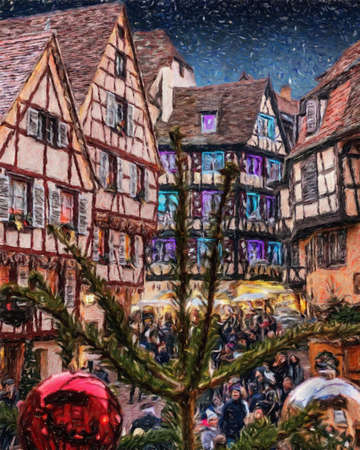 Impressionism painting modern artistic artwork, drawing oil Europe famous street, beautiful old vintage houses facade. Wall art design print template for canvas or paper poster, touristic productionの写真素材