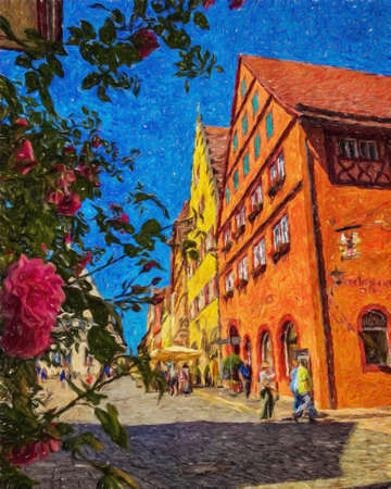Colorful painting modern artistic artwork, real brush strokes, drawing in oil European famous old street view, beautiful old vintage houses, design print for canvas or paper poster, touristic productの写真素材