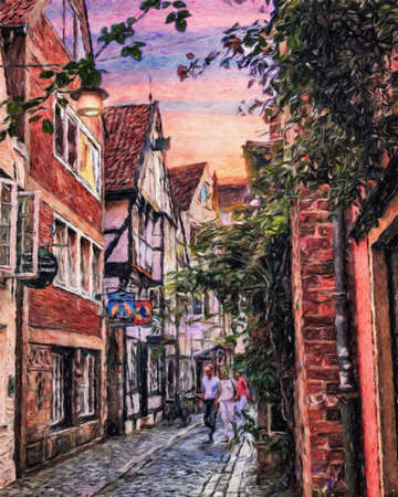 Colorful painting modern artistic artwork, real brush strokes, drawing in oil European famous old street view, beautiful old vintage houses, design print for canvas or paper poster, touristic productの写真素材