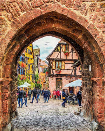 Colorful painting modern artistic artwork, real brush strokes, drawing in oil European famous old street view, beautiful old vintage houses, design print for canvas or paper poster, touristic productの写真素材