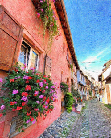 Colorful painting modern artistic artwork, real brush strokes, drawing in oil European famous old street view, beautiful old vintage houses, design print for canvas or paper poster, touristic productの写真素材