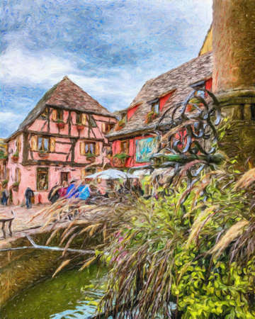 Colorful painting modern artistic artwork, real brush strokes, drawing in oil European famous old street view, beautiful old vintage houses, design print for canvas or paper poster, touristic productの写真素材