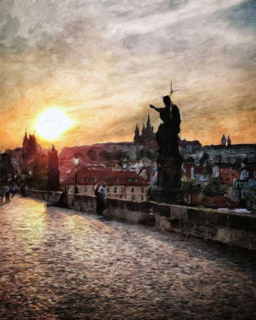 Digital painting modern artistic artwork, Prague Czechia, drawing in oil European famous old street view, beautiful old vintage houses, design print for canvas or paper poster, touristic productionの写真素材