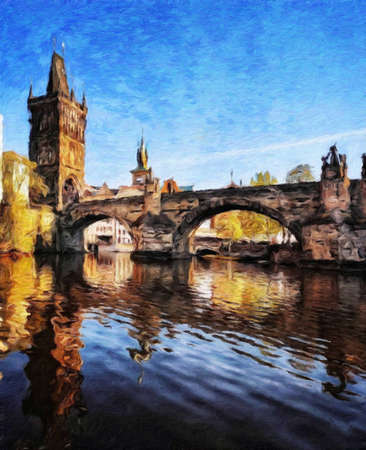 Digital painting modern artistic artwork, Prague Czechia, drawing in oil European famous old street view, beautiful old vintage houses, design print for canvas or paper poster, touristic productionの写真素材