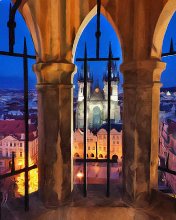 Digital painting modern artistic artwork, Prague Czechia, drawing in oil European famous old street view, beautiful old vintage houses, design print for canvas or paper poster, touristic productionの写真素材