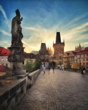Digital painting modern artistic artwork, Prague Czechia, drawing in oil European famous old street view, beautiful old vintage houses, design print for canvas or paper poster, touristic productionの写真素材