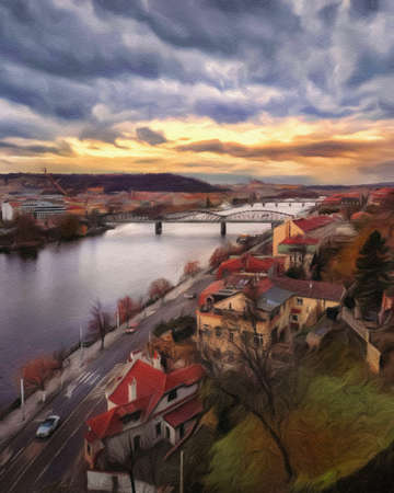 Digital painting modern artistic artwork, Prague Czechia, drawing in oil European famous old street view, beautiful old vintage houses, design print for canvas or paper poster, touristic productionの写真素材