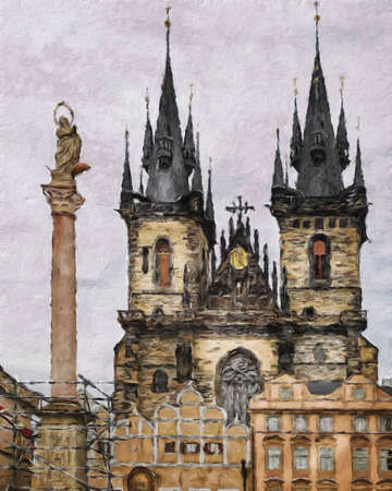 Digital painting modern artistic artwork, Prague Czechia, drawing in oil European famous old street view, beautiful old vintage houses, design print for canvas or paper poster, touristic productionの写真素材