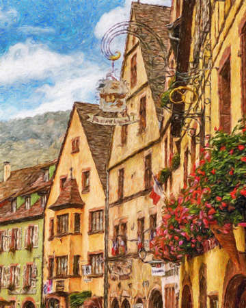 Colorful painting modern artistic artwork, real brush strokes, drawing in oil European famous old street view, beautiful old vintage houses, design print for canvas or paper poster, touristic productの写真素材