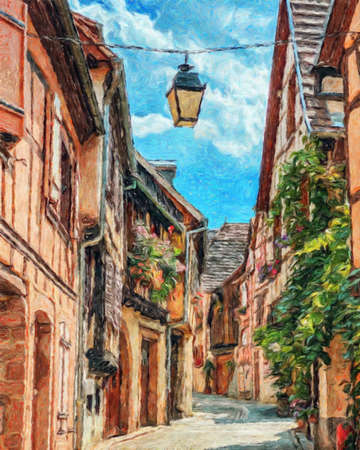 Colorful painting modern artistic artwork, real brush strokes, drawing in oil European famous old street view, beautiful old vintage houses, design print for canvas or paper poster, touristic productの写真素材