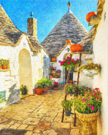 Colorful painting modern artistic artwork, real brush strokes, drawing in oil European famous old street view, beautiful old vintage houses, design print for canvas or paper poster, touristic productの写真素材