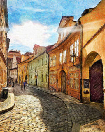 Digital painting modern artistic artwork, Prague Czechia, drawing in oil European famous old street view, beautiful old vintage houses, design print for canvas or paper poster, touristic productionの写真素材