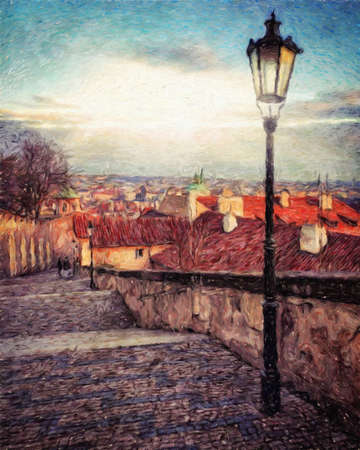 Digital painting modern artistic artwork, Prague Czechia, drawing in oil European famous old street view, beautiful old vintage houses, design print for canvas or paper poster, touristic productionの写真素材