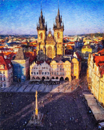 Digital painting modern artistic artwork, Prague Czechia, drawing in oil European famous old street view, beautiful old vintage houses, design print for canvas or paper poster, touristic productionの写真素材