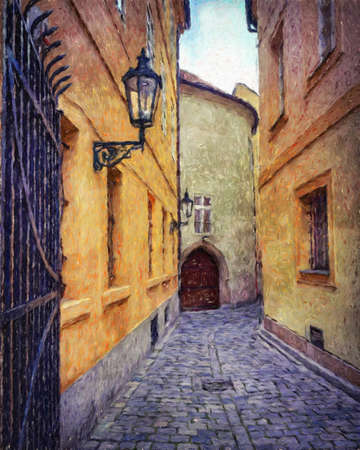 Digital painting modern artistic artwork, Prague Czechia, drawing in oil European famous old street view, beautiful old vintage houses, design print for canvas or paper poster, touristic productionの写真素材