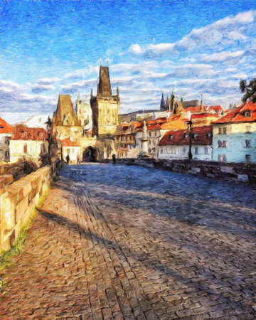 Digital painting modern artistic artwork, Prague Czechia, drawing in oil European famous old street view, beautiful old vintage houses, design print for canvas or paper poster, touristic productionの写真素材