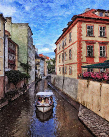 Digital painting modern artistic artwork, Prague Czechia, drawing in oil European famous old street view, beautiful old vintage houses, design print for canvas or paper poster, touristic productionの写真素材