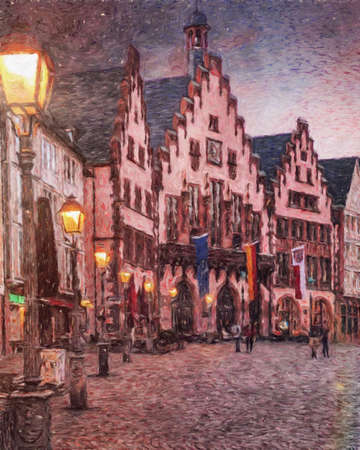 Colorful painting modern artistic artwork, real brush strokes, drawing in oil European famous old street view, beautiful old vintage houses, design print for canvas or paper poster, touristic productの写真素材