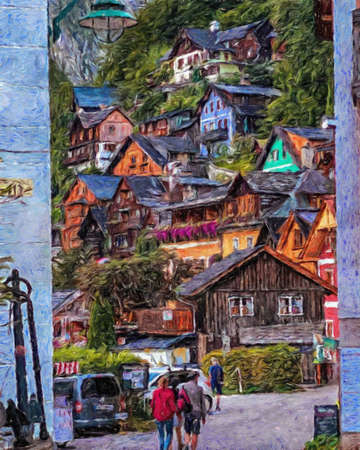 Colorful painting modern artistic artwork, real brush strokes, drawing in oil European famous old street view, beautiful old vintage houses, design print for canvas or paper poster, touristic productの写真素材