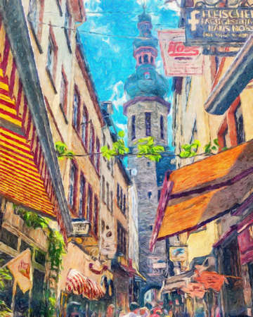 Colorful painting modern artistic artwork, real brush strokes, drawing in oil European famous old street view, beautiful old vintage houses, design print for canvas or paper poster, touristic productの写真素材