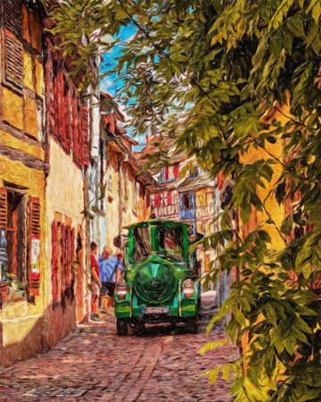 Colorful painting modern artistic artwork, real brush strokes, drawing in oil European famous old street view, beautiful old vintage houses, design print for canvas or paper poster, touristic productの写真素材