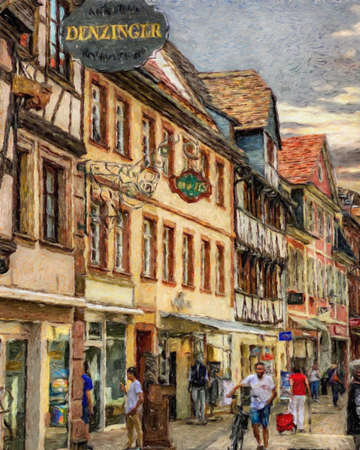 Colorful painting modern artistic artwork, real brush strokes, drawing in oil European famous old street view, beautiful old vintage houses, design print for canvas or paper poster, touristic productの写真素材