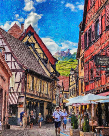 Colorful painting modern artistic artwork, real brush strokes, drawing in oil European famous old street view, beautiful old vintage houses, design print for canvas or paper poster, touristic productの写真素材