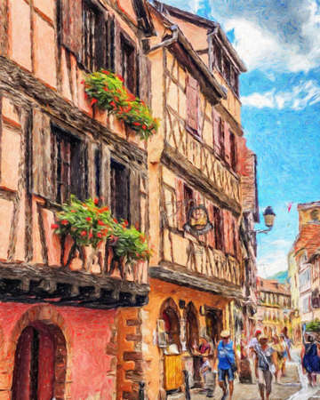 Colorful painting modern artistic artwork, real brush strokes, drawing in oil European famous old street view, beautiful old vintage houses, design print for canvas or paper poster, touristic productの写真素材