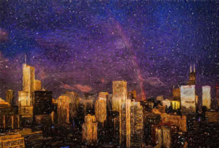 Real painting modern artistic artwork Chicago USA drawing in oil city center skyscrapers and...