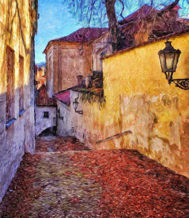 Real painting modern artistic artwork Prague Czechia drawing in oil city center vintage houses and architecture, Europe travel, wall art print for canvas or paper poster, tourism production designの写真素材