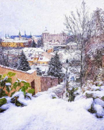 Real painting modern artistic artwork Prague Czechia drawing in oil city center vintage houses and architecture, Europe travel, wall art print for canvas or paper poster, tourism production designの写真素材