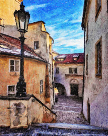 Real painting modern artistic artwork Prague Czechia drawing in oil city center vintage houses and architecture, Europe travel, wall art print for canvas or paper poster, tourism production designの写真素材