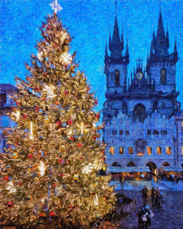 Real painting modern artistic artwork Prague Czechia drawing in oil city center vintage houses and architecture, Europe travel, wall art print for canvas or paper poster, tourism production designの写真素材