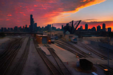 Chicago USA city center skyscrapers and architecture, America travel downtown, drawing in oil wall art print for canvas or paper poster, tourism production design real painting modern artistic artworkの写真素材