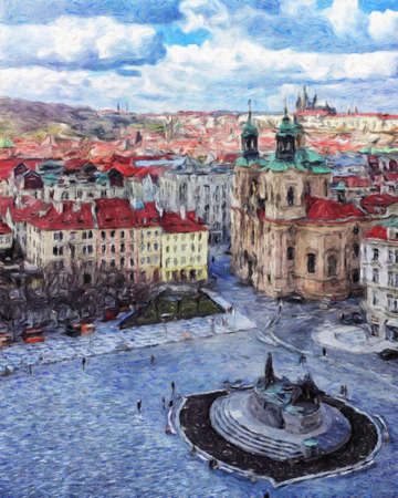 Prague Czechia drawing in oil city center vintage houses and architecture, Europe travel, wall art print for canvas or paper poster, tourism production design, real painting modern artistic artworkの写真素材