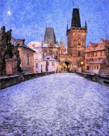 Prague Czechia drawing in oil city center vintage houses and architecture, Europe travel, wall art print for canvas or paper poster, tourism production design, real painting modern artistic artworkの写真素材