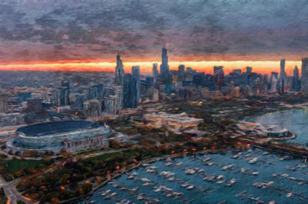Chicago USA city center skyscrapers and architecture, America travel downtown, drawing in oil wall art print for canvas or paper poster, tourism production design real painting modern artistic artworkの写真素材