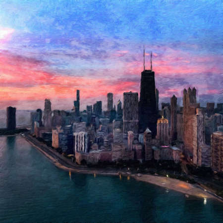 Chicago USA city center skyscrapers and architecture, America travel downtown, drawing in oil wall art print for canvas or paper poster, tourism production design real painting modern artistic artworkの写真素材