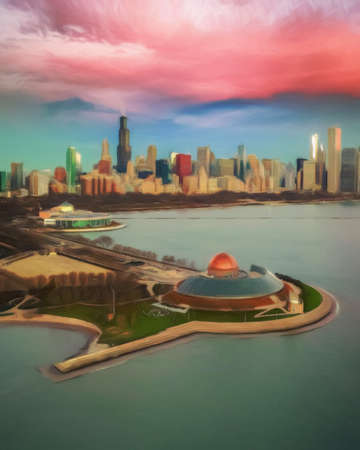 Chicago USA city center skyscrapers and architecture, America travel downtown, drawing in oil wall art print for canvas or paper poster, tourism production design real painting modern artistic artworkの写真素材