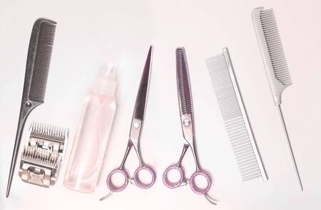 scissors, combs, shaving knives Barber toolsの写真素材