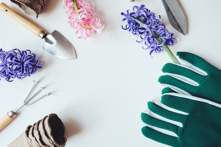 spring flat lay with preparations for garden work and transplanting. Gloves, tools, peat pots and flowers on white background with empty spaceの写真素材
