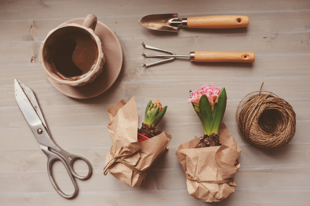 Easter and spring preparations. Hyacinth, eggs and garden tools on table, top view. Selective focus, cozy home interior.の写真素材